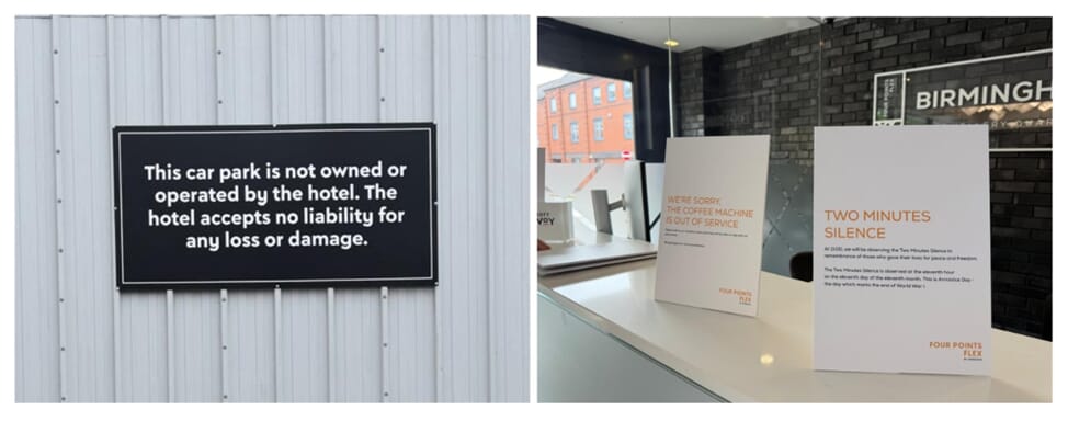 A collage of the car park signage and the reception signage.